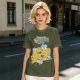 Olive graphic t-shirt with 'Relax and Cheese the Day' and mice on cheese
