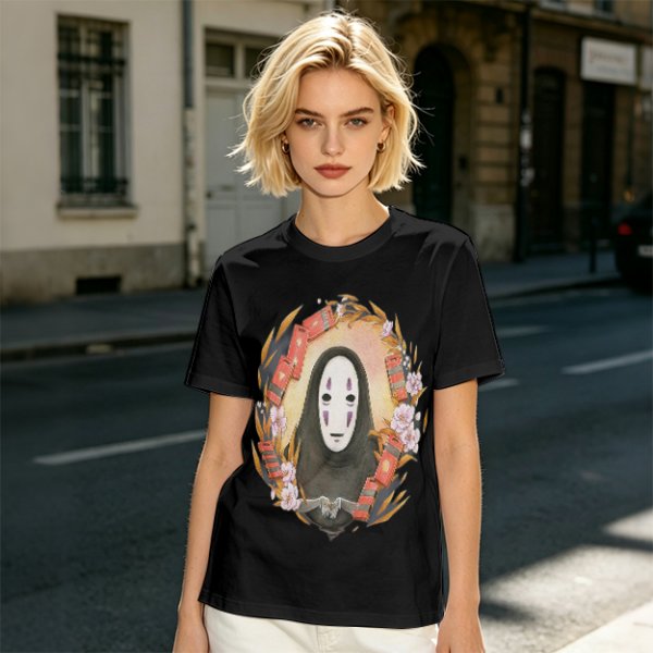 Spirited Away No-Face Graphic Tee with Cherry Blossoms and Lanterns