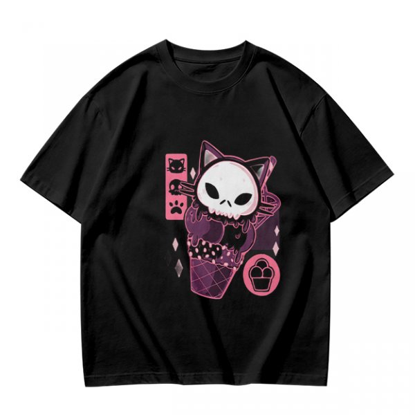 Olive T-Shirt with Skull Cat Ice Cream Graphic Print