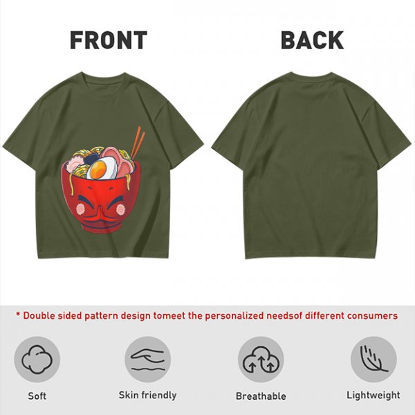 Olive T-Shirt With Cute Cartoon Ramen Bowl Graphic