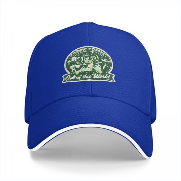 Black baseball cap with cosmic coffee alien girl graphic