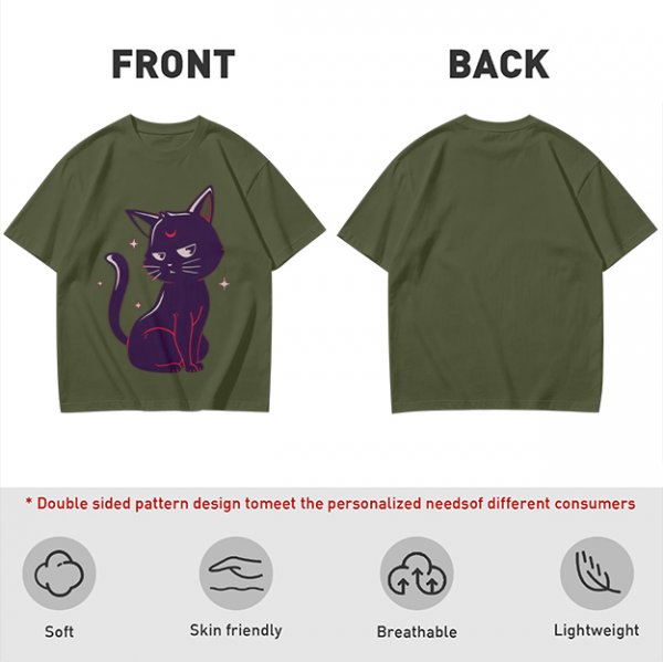 Olive T-Shirt with Sassy Black Cat and Crescent Moon Graphic