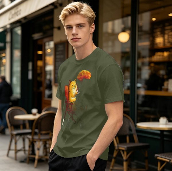 Olive T-Shirt Featuring a Relaxed Cat on a Chair with Fried Chicken Print