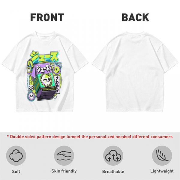Olive T-shirt with spooky juice box graphic and playful skull art