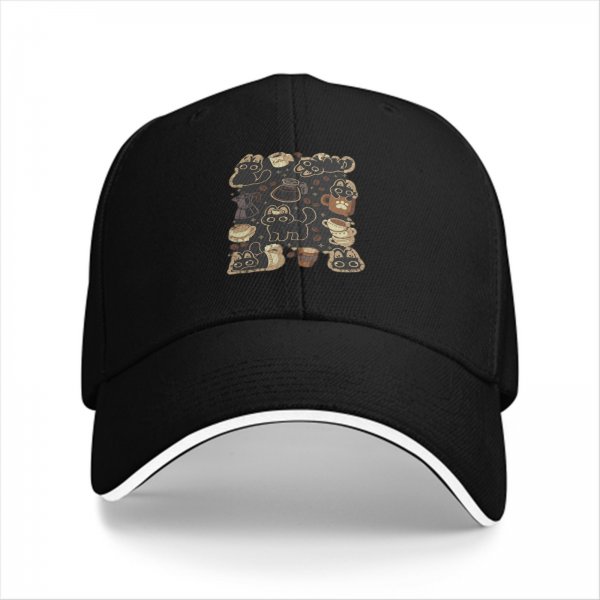 Black Baseball Cap With Cute Cats And Coffee Themed Print