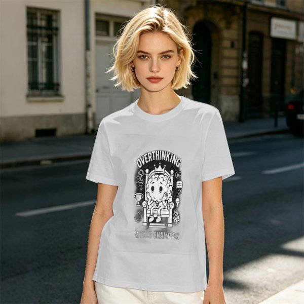 Oversized Army Green T-Shirt with Overthinking World Champion Brain Graphic