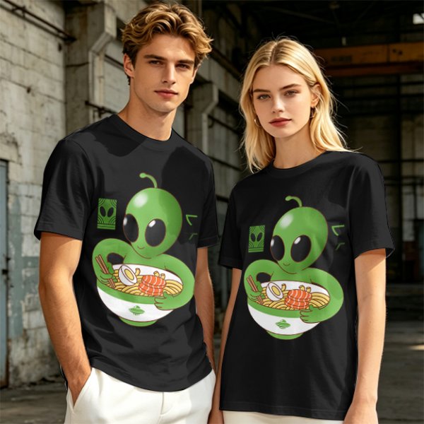 Olive Green T-Shirt With Cute Alien Eating Ramen Graphic