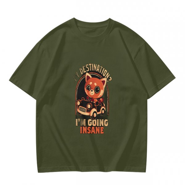 Olive T-Shirt With Red Panda Driving Car 'Destination? I'm Going Insane' Print