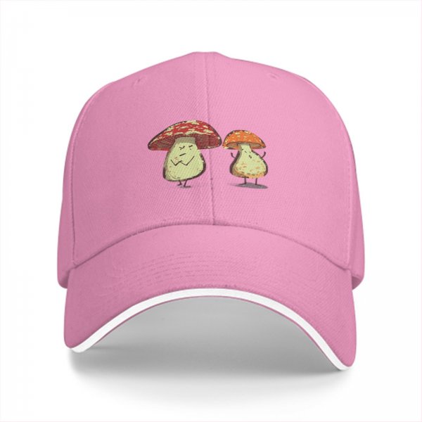 Black Baseball Cap With Cartoon Grumpy Mushroom Characters Print