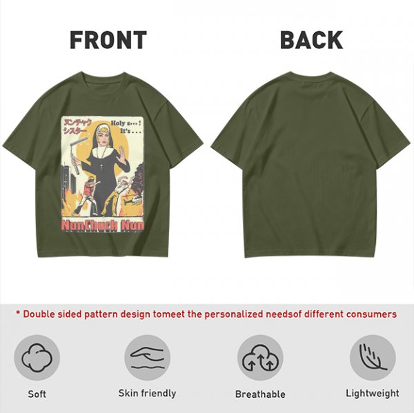 Olive T-shirt with Nunchuck Nun Action Graphic Print