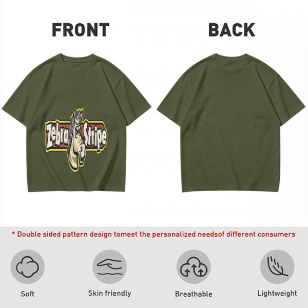 Olive green graphic t-shirt with zebra stripe design