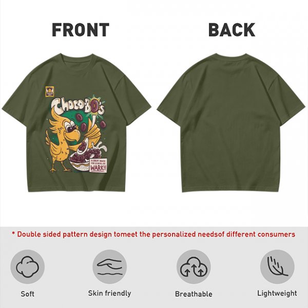 Olive t-shirt with Choco-Bo's cereal graphic featuring a yellow bird