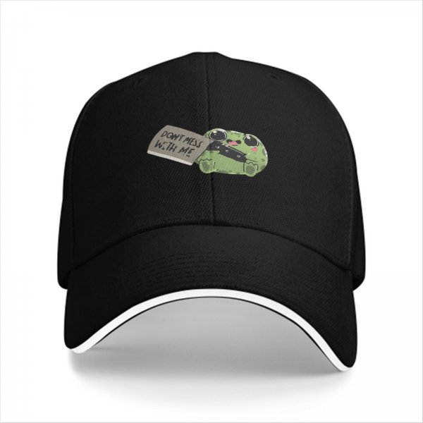 Black baseball cap with cute frog holding 'Don't mess with me' sign