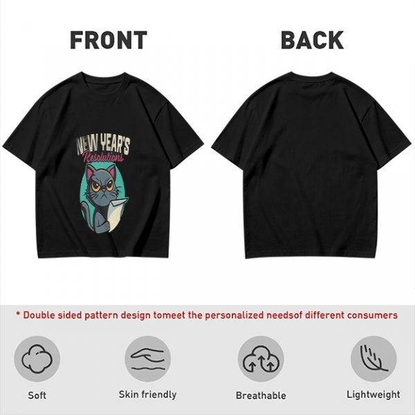 Olive green graphic t-shirt with grumpy cat holding New Year's resolutions