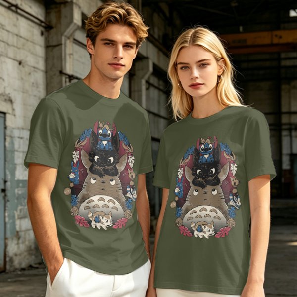 Olive T-Shirt with Stacked Anime Character Totem Print