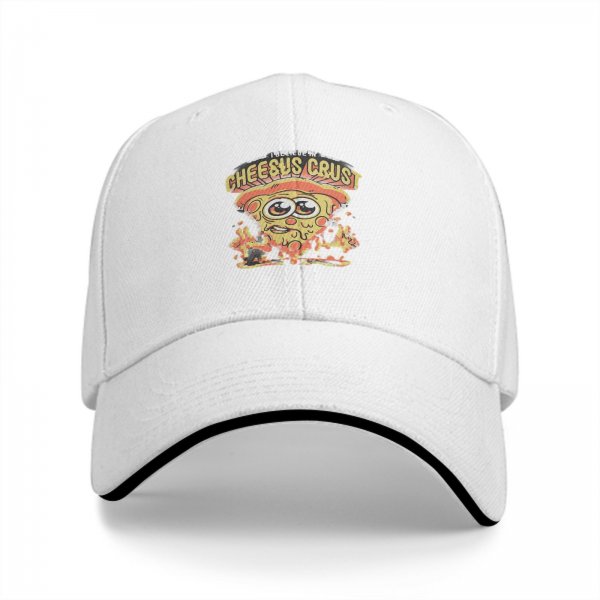 Black baseball cap with Cheesus Crust pizza slice graphic