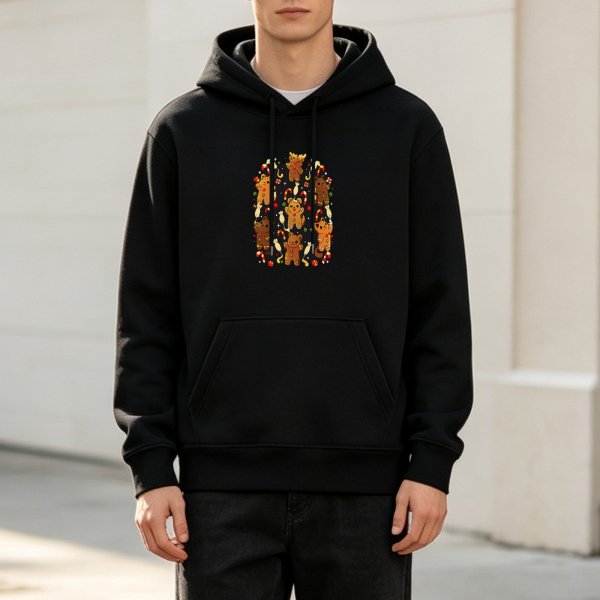 Black hoodie with cat gingerbread Christmas print