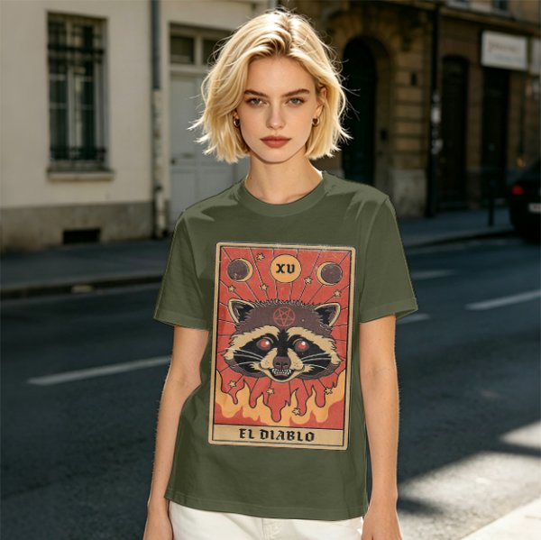 Olive T-Shirt With Raccoon El Diablo Tarot Card Print
