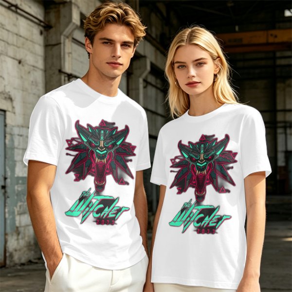 Olive T-Shirt With Cyberpunk Witcher Wolf Emblem Print