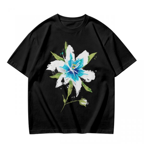 Olive Green T-Shirt with Watercolor Blue Lily Flower Print