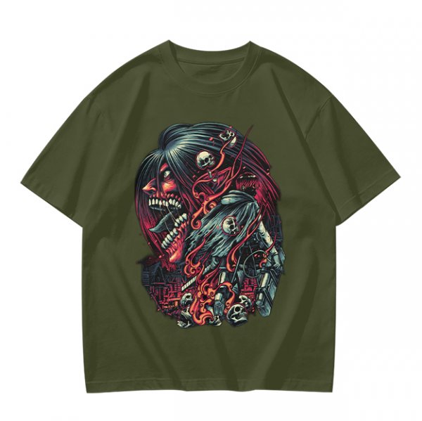 Olive T-Shirt With Dark Fantasy Skull And Monster Graphic Print