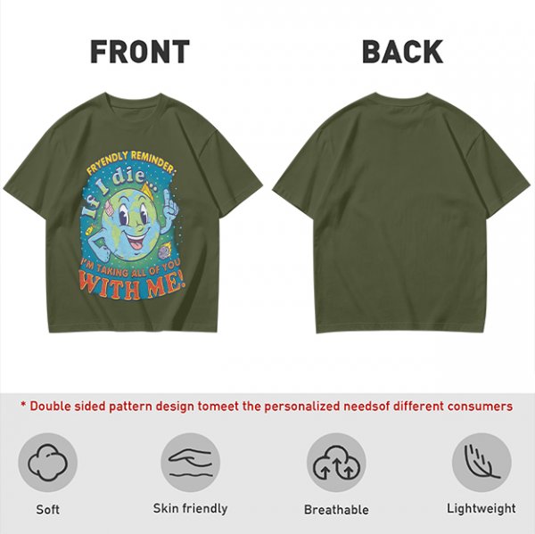 Olive t-shirt with cartoon earth 'friendly reminder' print
