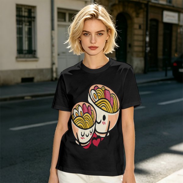 Olive T-Shirt With Cute Hugging Ramen Bowl Couple Print