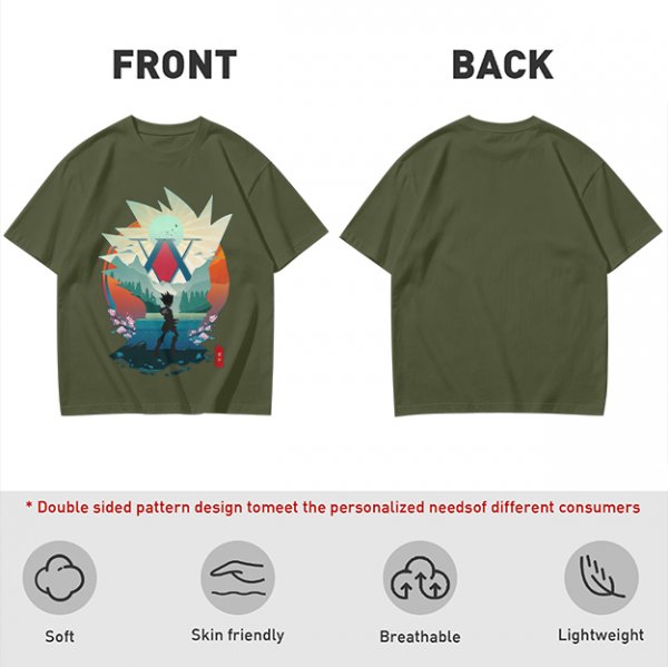 Hunter x Hunter Anime Graphic Tee with Sunset Landscape Art