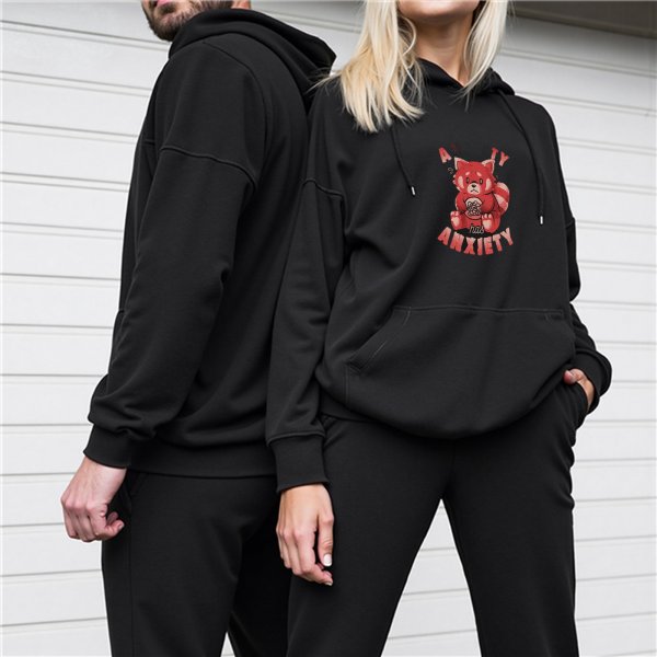 Black hoodie with anxious red panda anxiety graphic