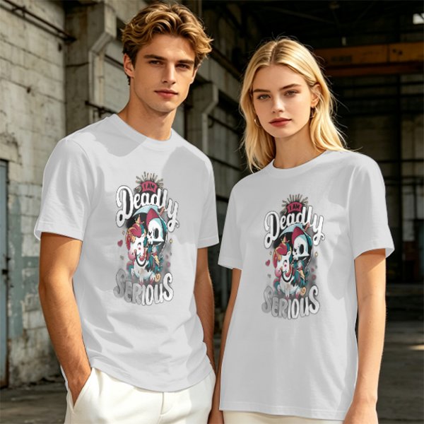 Olive graphic t-shirt with 'I Am Deadly Serious' and unicorn grim reaper art