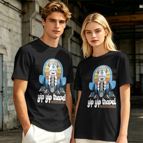 Olive green t-shirt with Appa graphic and 'yip yip travel' text