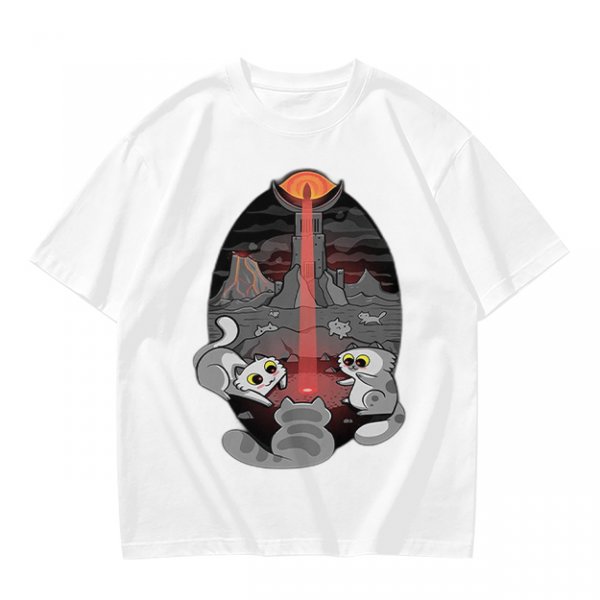 Olive T-shirt with Cat Sauron Tower Fantasy Art Print