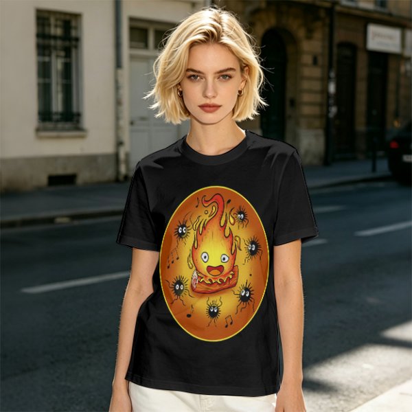 Olive T-Shirt Featuring Calcifer and Soot Sprites Artwork