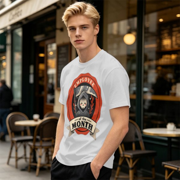 Olive T-Shirt with Cute Grim Reaper Employee of the Month Print