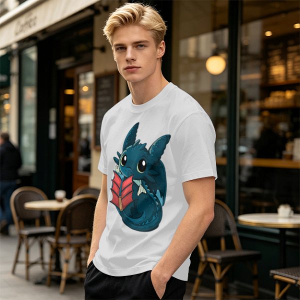 Olive T-Shirt With Cute Baby Dragon Reading Book Print