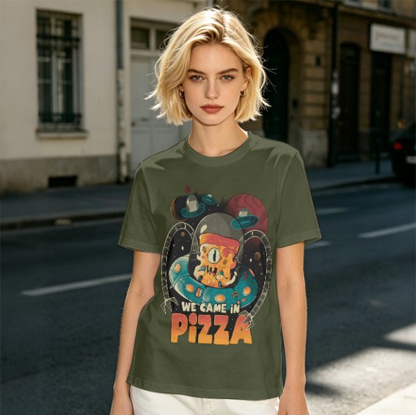 Olive t-shirt with space pizza alien graphic and 'We Came in Pizza' text