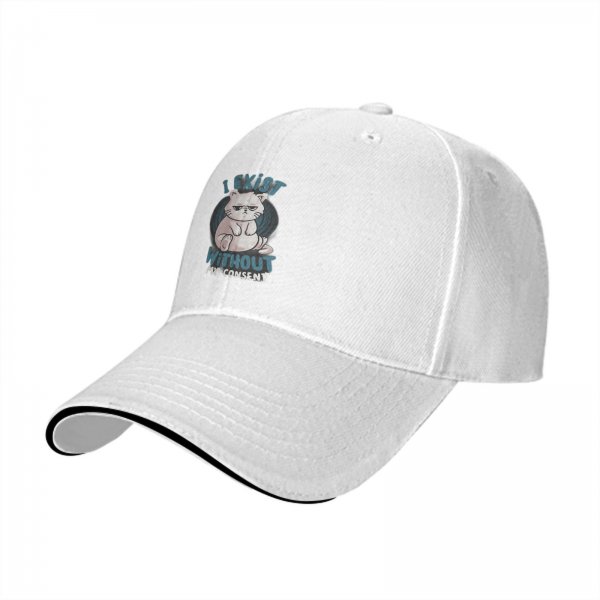 Black baseball cap with 'I Exist Without My Consent' grumpy cat print