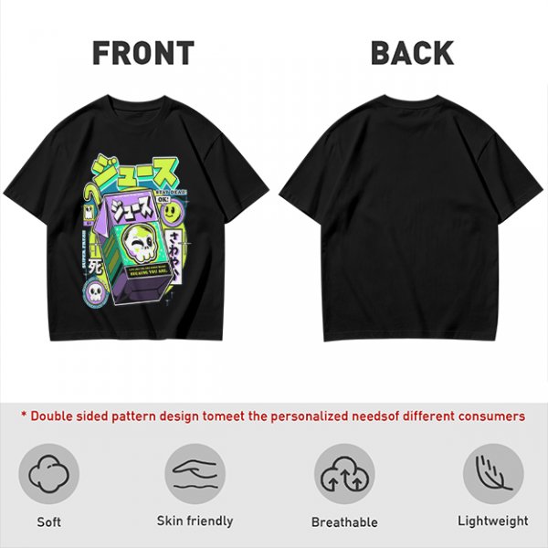 Olive T-shirt with spooky juice box graphic and playful skull art