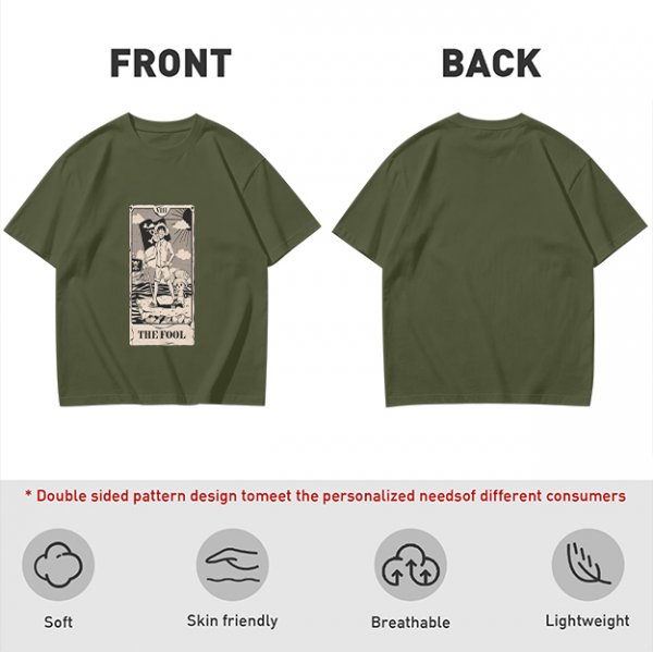 Olive T-Shirt with The Fool Tarot Card Anime Print