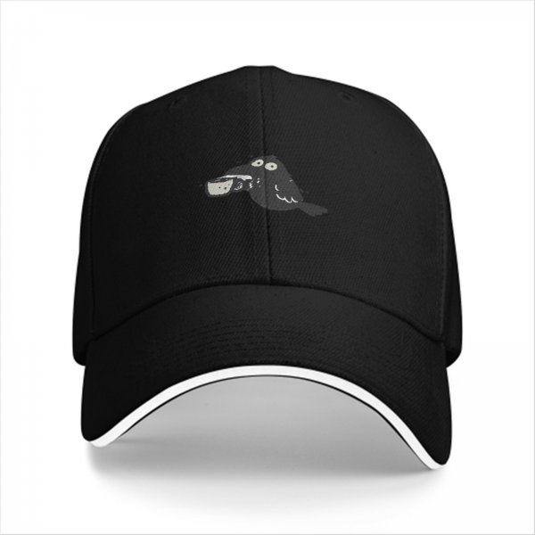 Black baseball cap with a cartoon crow holding a coffee cup