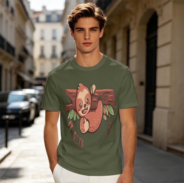 Olive T-Shirt with Cute Sloth 'It Gets Better' Graphic Print