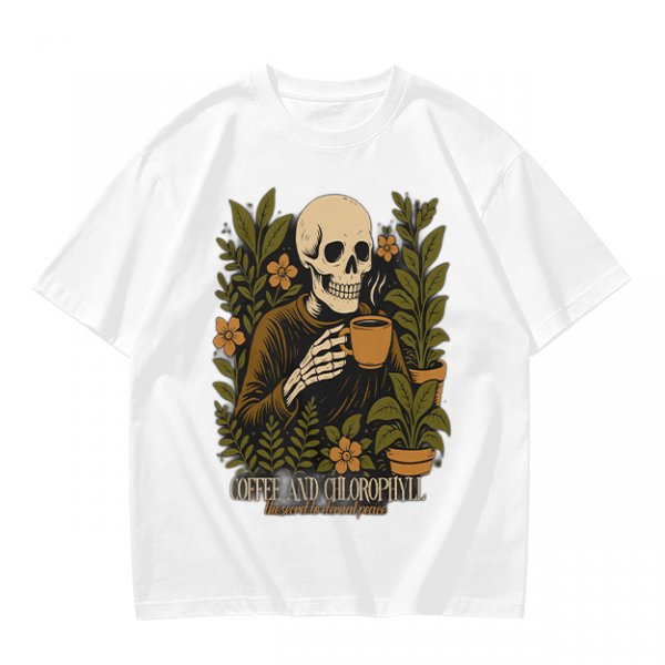 Skeleton with Coffee and Plants T-Shirt Graphic
