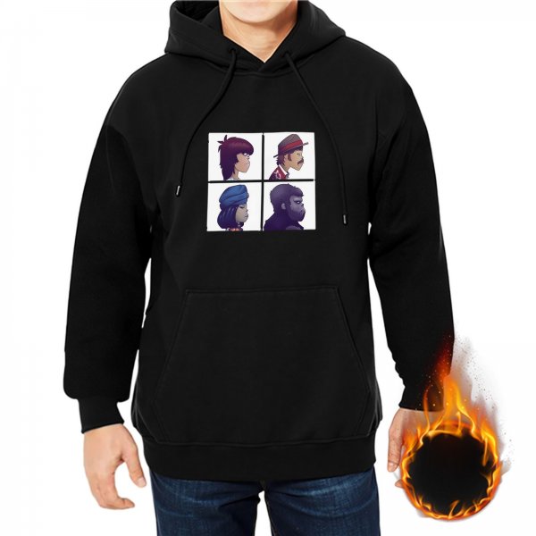 Black hoodie with four side-profile character grid graphic print