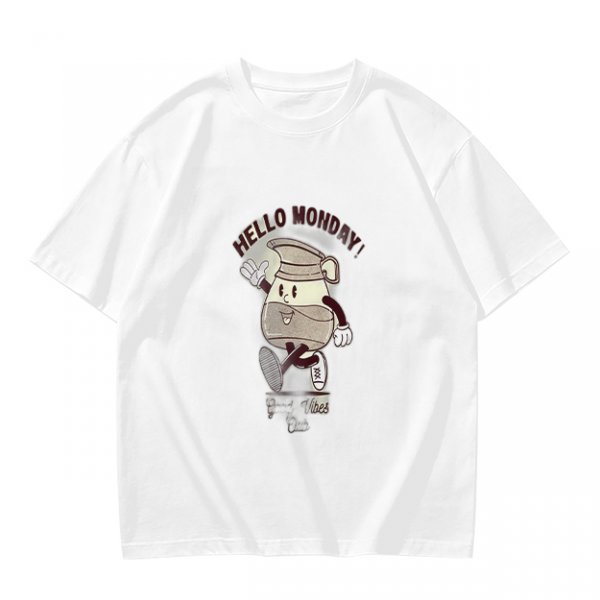 Olive Green T-Shirt with 'Hello Monday!' Coffee Character Graphic