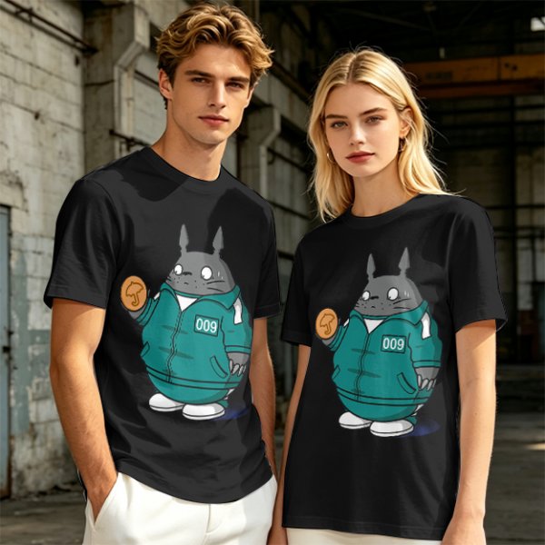 Totoro in Squid Game tracksuit holding umbrella honeycomb cookie t-shirt