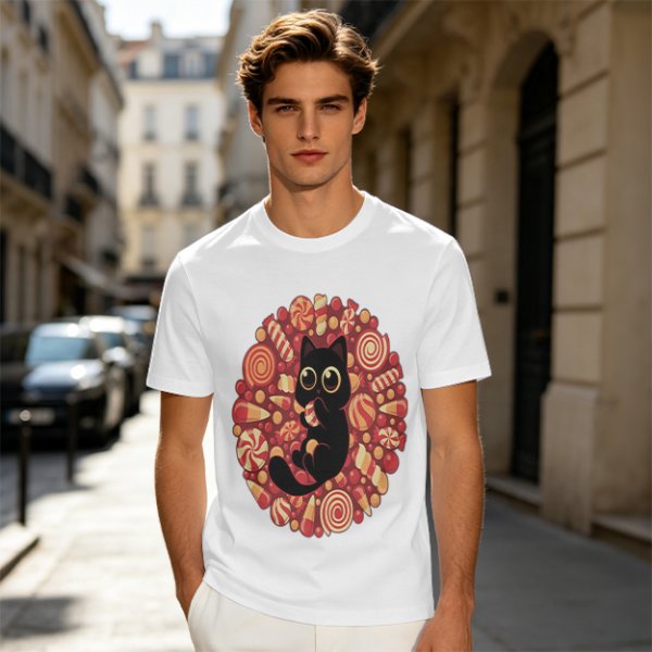 Olive T-Shirt With Cute Black Cat Holding Candy Surrounded By Sweets