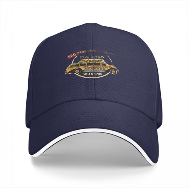 Black baseball cap with vintage tour bus graphic and text
