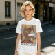 Olive green t-shirt with cubist style cat print and Purrcasso text