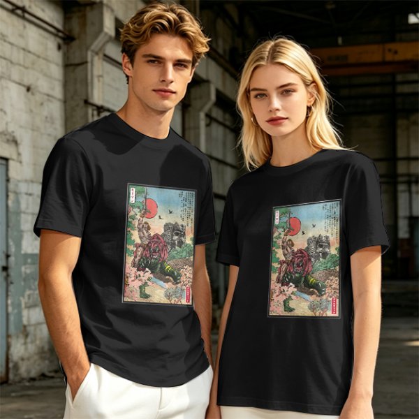 Olive T-shirt with ukiyo-e style fantasy creature graphic print