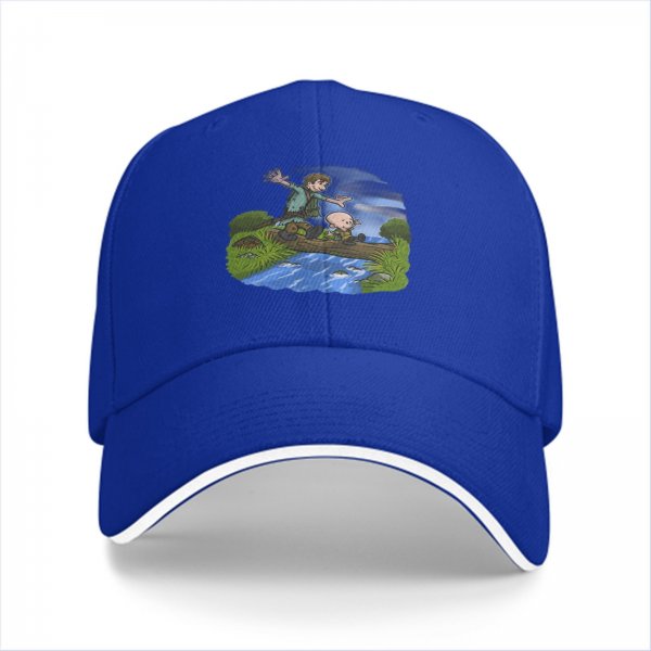 Black Baseball Cap With Cartoon Boys Crossing Stream Artwork